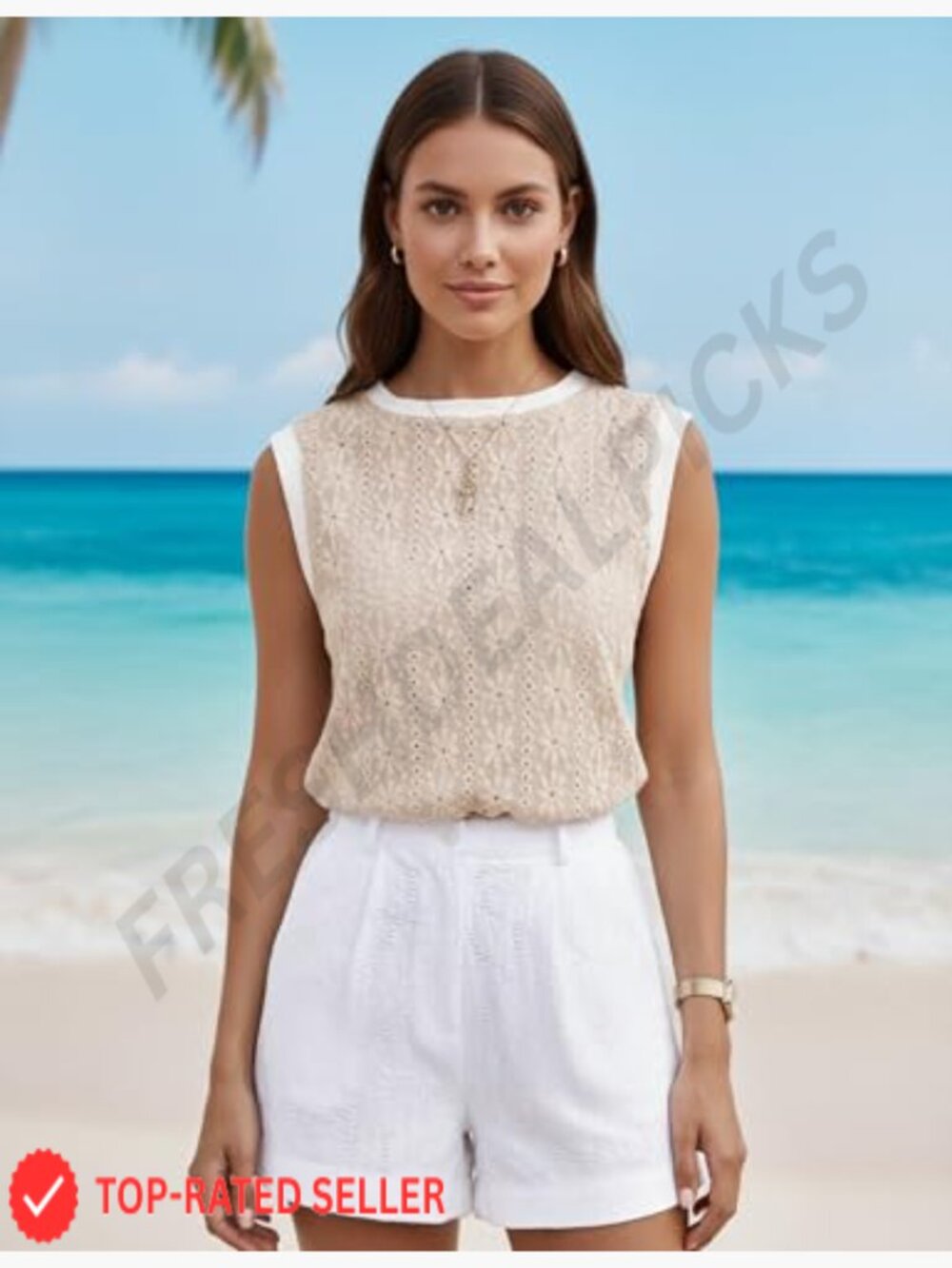 Sleeveless Beige Eyelet Knit Top - Women - Picture 5 of 7